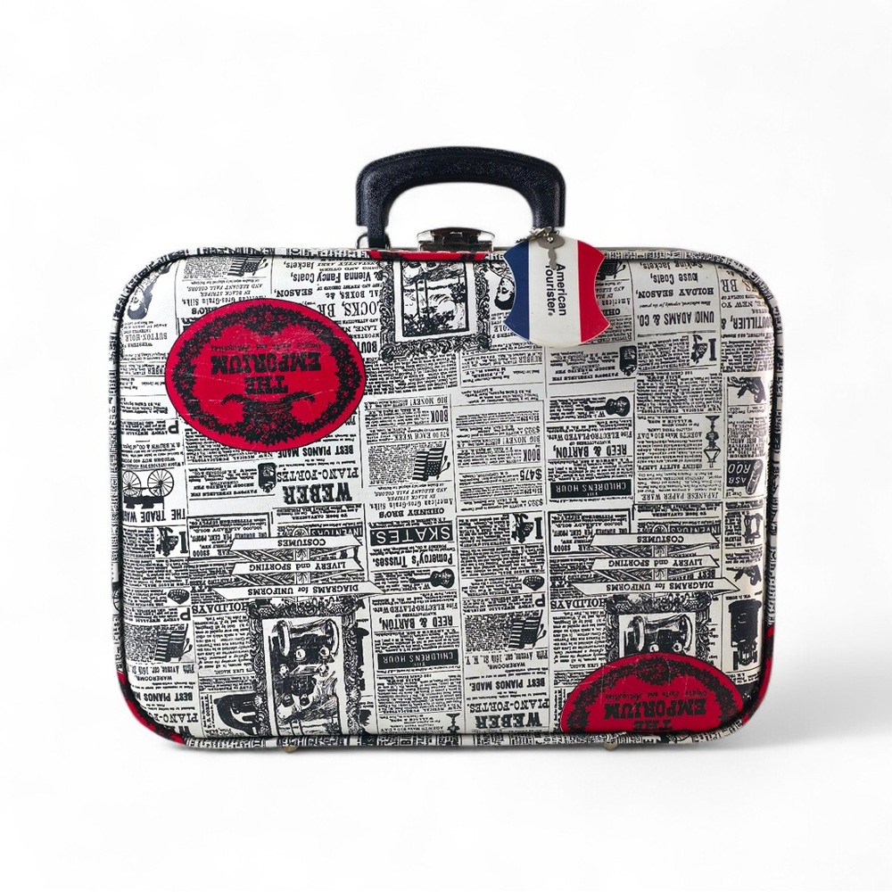 Vintage American Tourister "The Emporium" Newsprint Suitcase – Retro Hard Shell